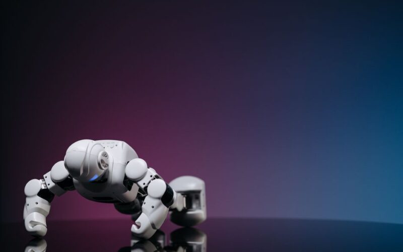 White robot doing push-ups on reflective surface, futuristic concept.