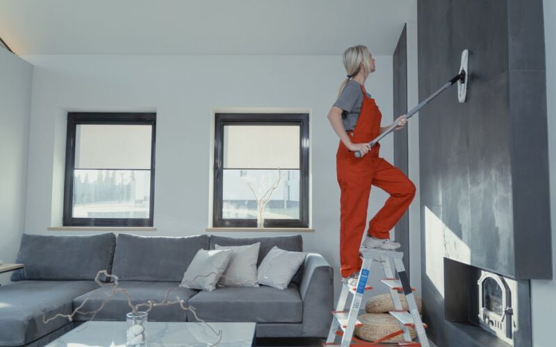 A woman in overalls cleans a wall in a stylish living room, enhancing home hygiene.