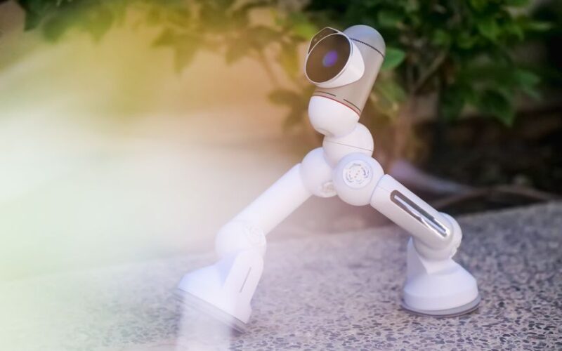 A small white robot toy on a concrete floor with green foliage in the background.