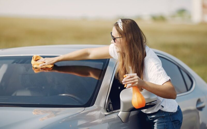 Side view of cheerful female driver in sunglasses and casual clothes cleaning windshield of modern car with microfiber cloth and spray bottle against green field