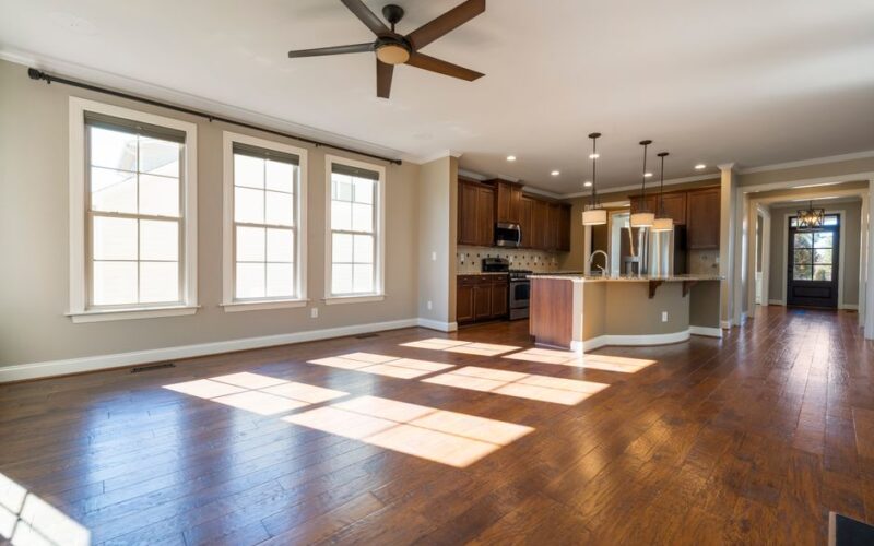 A spacious sunlit kitchen and living area with hardwood floors and modern appliances.