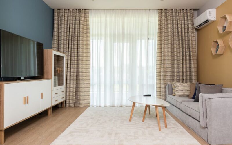 Contemporary design of modern apartment with light comfortable furniture and big TV set and soft carpet on wooden floor