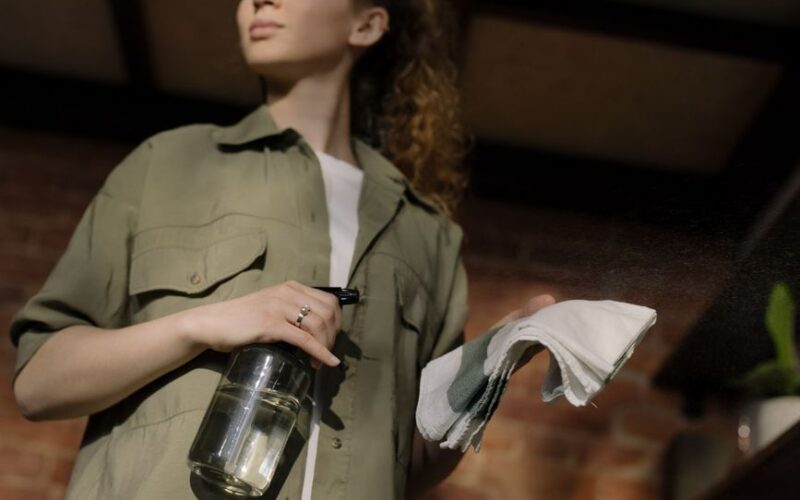 A woman with curly hair holds a cleaning spray and cloth in a cozy home setting.