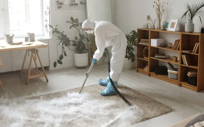 A woman in protective gear disinfects a carpet indoors to ensure safety during the COVID-19 pandemic.