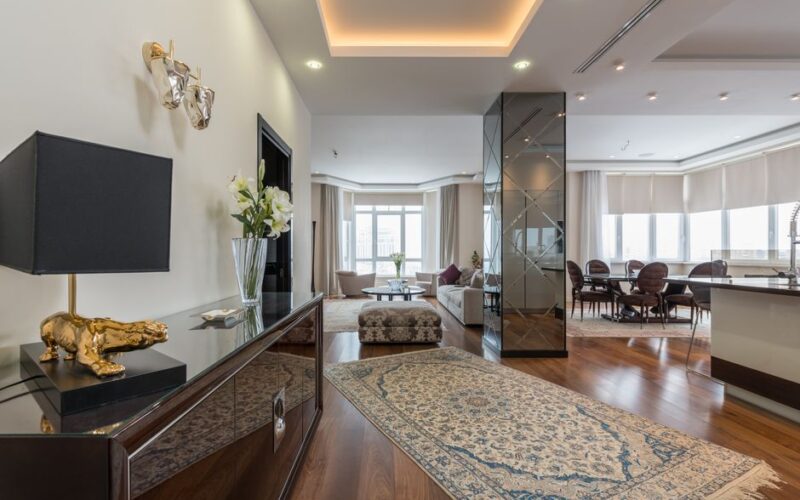 Interior of luxury living room with stylish furniture and carpet in modern apartment in daytime