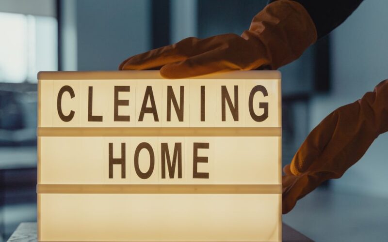 Latex-gloved hands holding a lightbox sign with 'CLEANING HOME' text.