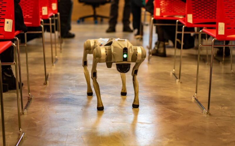 A robotic dog navigates an indoor setting amidst red chairs, showcasing technology in modern environments.