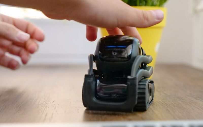 Modern miniature robot being pet by a hand, showcasing technology interaction.