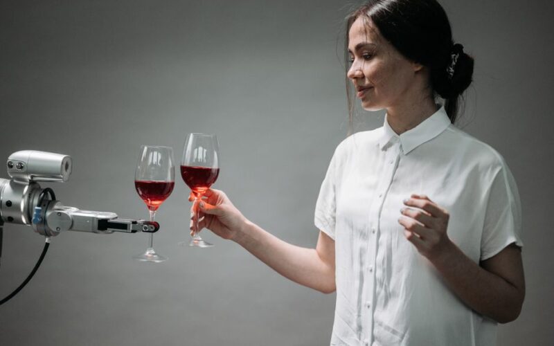 A woman and a robotic arm clink glasses of red wine, symbolizing technological harmony.