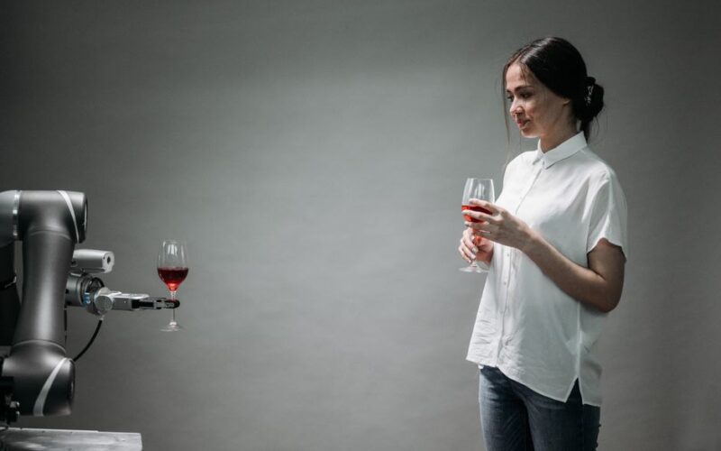 A robot presents a glass of wine to a woman, showcasing modern technology and interaction.