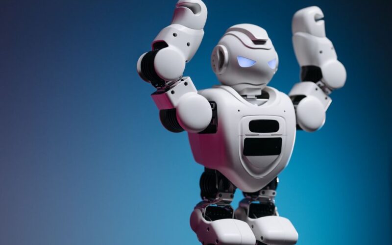 A white humanoid robot in a studio setting showcasing advanced robotics and modern technology.