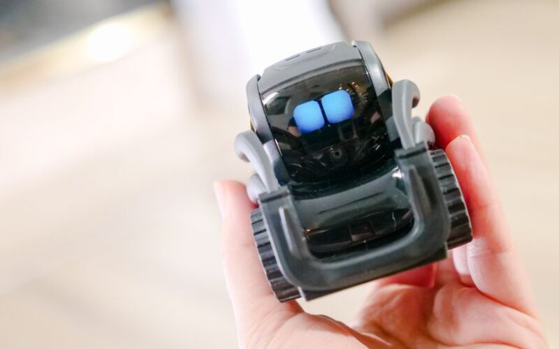 Close-up of a person holding a small modern robot, showcasing innovation in robotics.