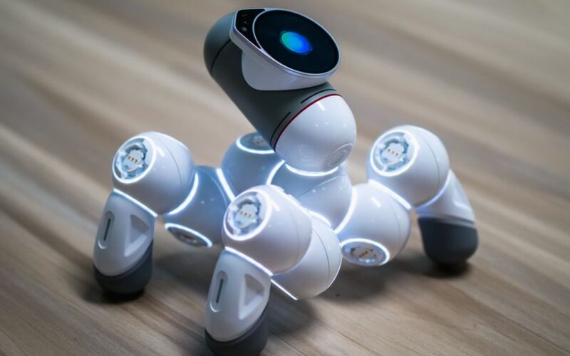 Close-up of an advanced robotic pet dog demonstrating modern technology.