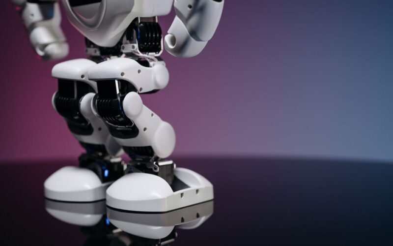 A detailed close-up image of a modern robot's legs and feet, reflecting on a glossy surface.