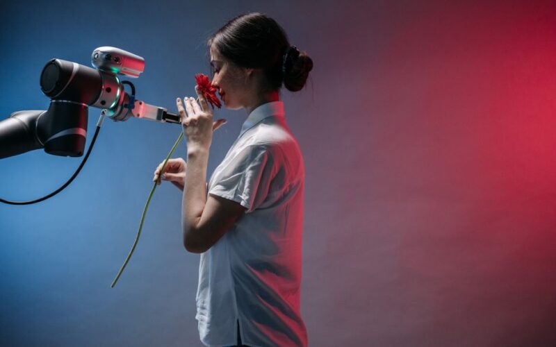 A woman in a lab coat interacts with a robot arm holding a red flower, symbolizing technology and nature.