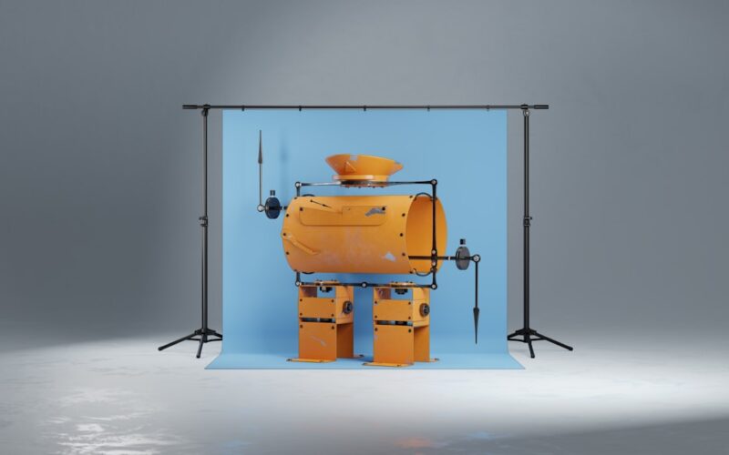 a yellow robot sitting in front of a blue backdrop