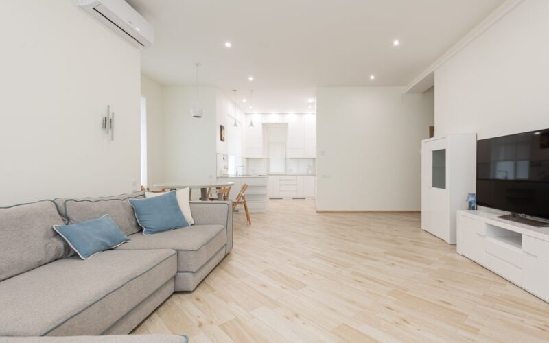 Modern apartment with spacious lounge with television and clean new laminate under bright luminous lights