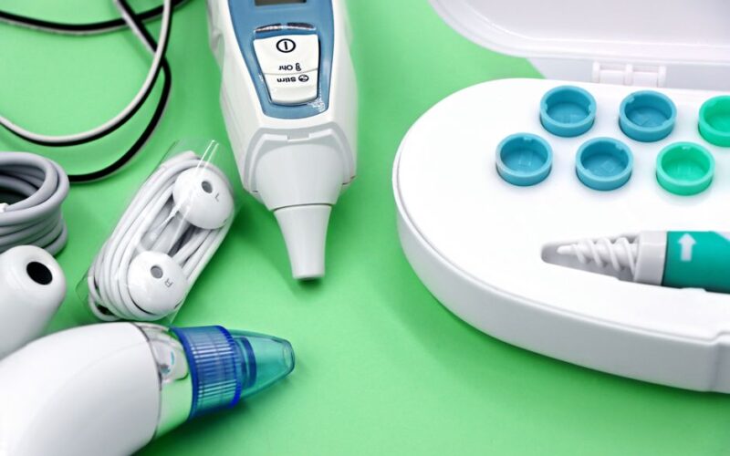 A variety of ear care devices including ear buds, medical instruments, and cleaning tools.