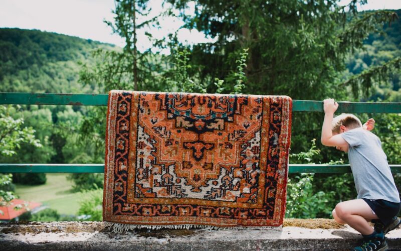 brown and white floral area rug