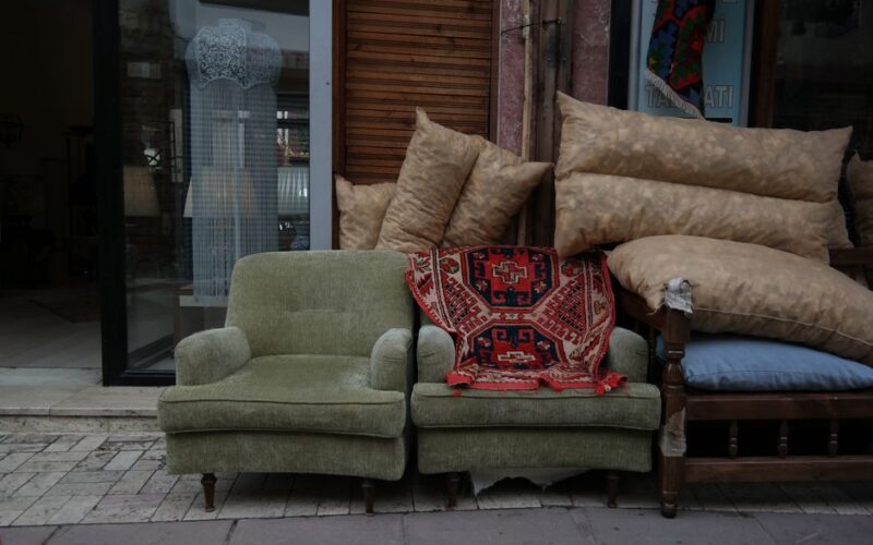 Green armchairs with red patterned rug and pillows in Ankara street setting.
