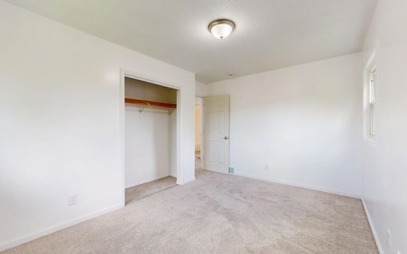 Spacious, empty room with plush carpet and open closet, well-lit