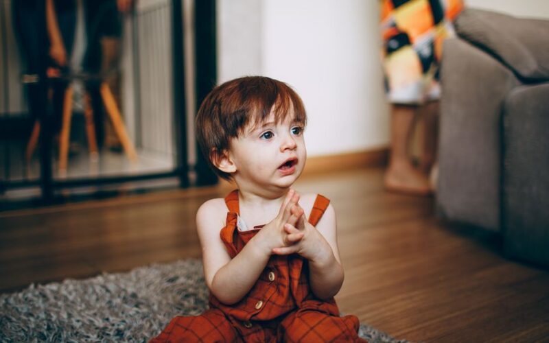 Cute toddler clapping hands while sitting on a rug in a cozy indoor setting.
