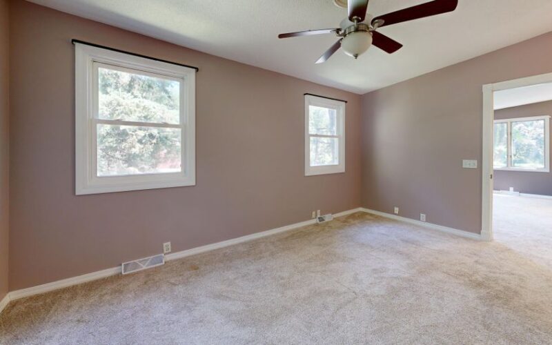Bright empty room with carpet, windows, and ceiling fan ideal for real estate listings.