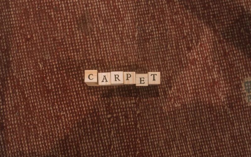 Wooden letter tiles spell 'carpet' on a textured rug surface. Simple and warm composition.