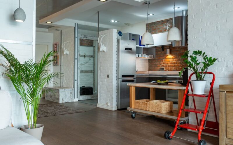 Sleek kitchen interior with stainless steel appliances and vibrant plants for a modern touch.