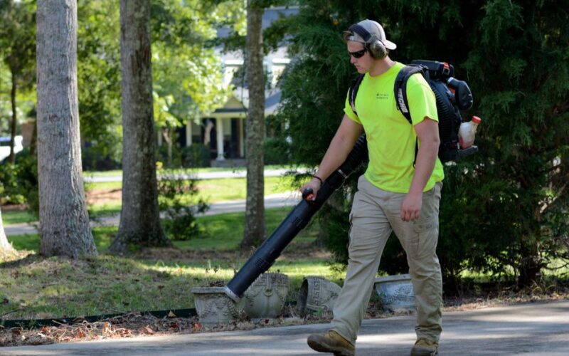 A landscaper wearing protective gear operates a leaf blower in a sunlit park, maintaining the area clean.
